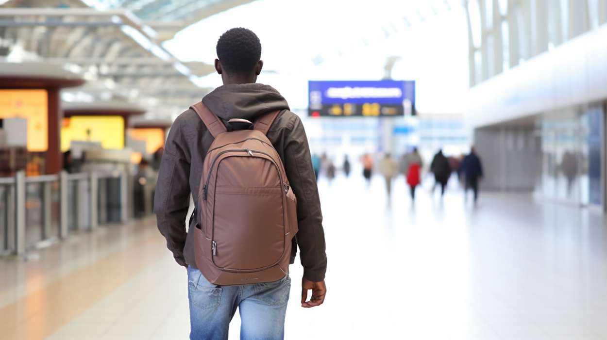 Een man loopt op een vliegveld met een rugtas op zijn rug