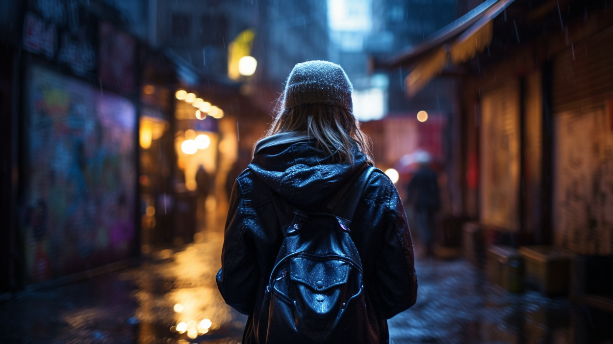 Een meisje loopt door een straat in het donker
