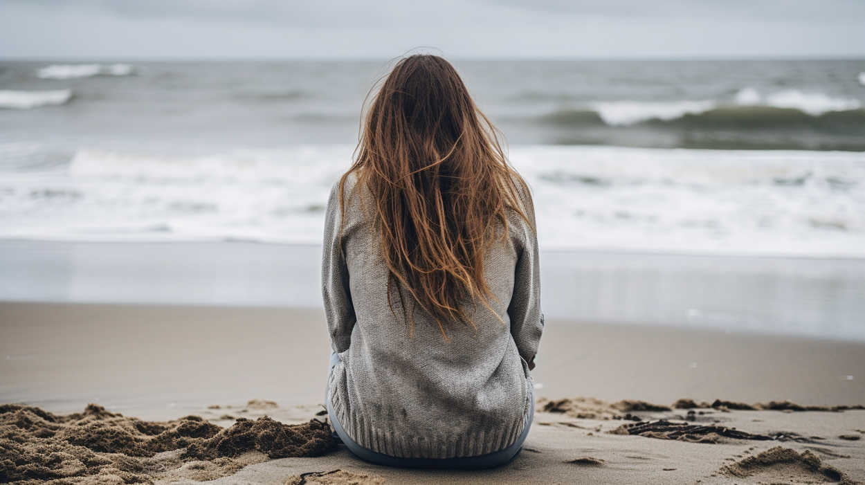 Een meisje zit op het strand en kijkt uit over de zee