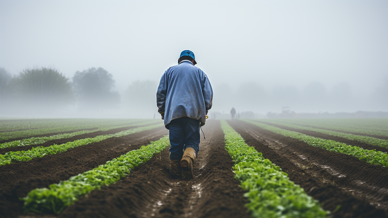 Een man werkt op een veld op een regenachtige dag