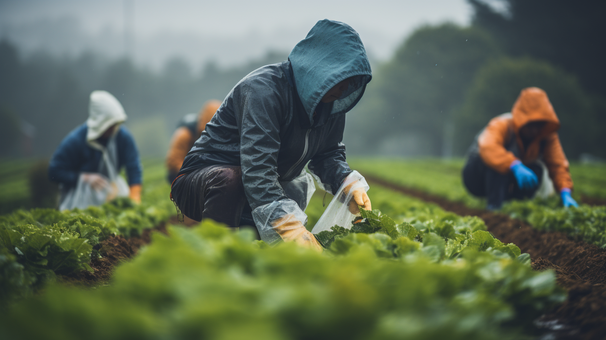 Mensen werken op een veld op een regenachtige dag