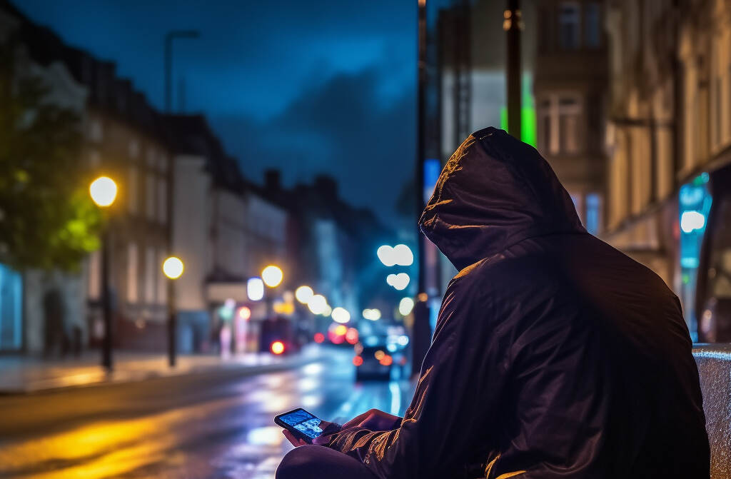 Een man zit op straat met een mobiele telefoon in zijn hand.