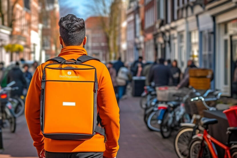 Een man met een oranje bezorgrugzak loopt over straat